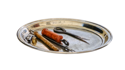 Mobile hospital, retro military medicine and surgeon's hands, isolated on a white background. Vintage field medic tools 18th and 19th century..
