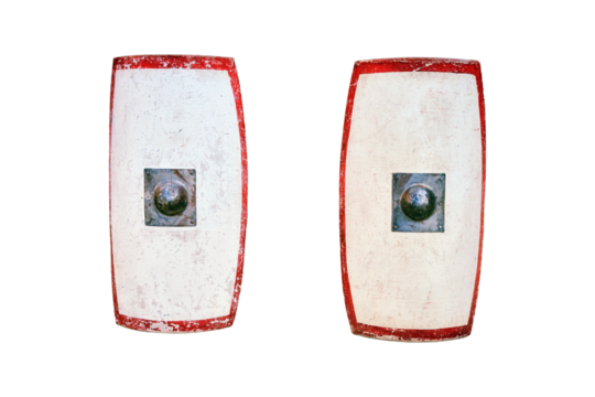 Antique Roman shields - scutum, sct, isolated on a white background. Full-body (tower) shield with a Central handle and a shield boss, a reconstruction of the Ancient weapons of Rome.