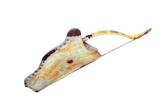 Quiver with bow hanging on a temporary dwelling of the nomadic tribe, isolated on a white background. Nomad weapons for hunting and war. Yurt hunters indigenous peoples of the North.