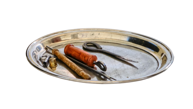 Mobile hospital, retro military medicine and surgeon's hands, isolated on a white background. Vintage field medic tools 18th and 19th century..