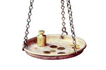 Ancient coins with a weight on the scales, isolated on a white background. Vintage interior of a wooden house, isolated on a white background. The bowl of the big scales hangs on chains.