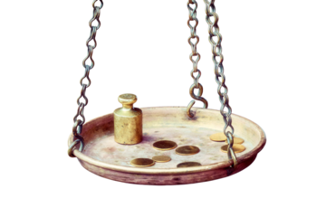 Ancient coins with a weight on the scales, isolated on a white background. Vintage interior of a wooden house, isolated on a white background. The bowl of the big scales hangs on chains.