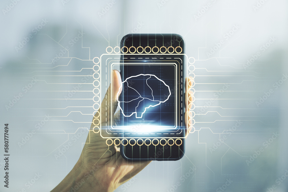 Poster double exposure of creative artificial intelligence symbol and hand with cell phone on background. n