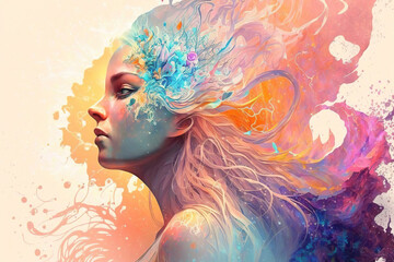 fantasy magical portrait of a goddess woman with ethereal energy, double exposure colorful abstract background
