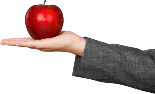 Woman hand holding big red apple isolated on white background