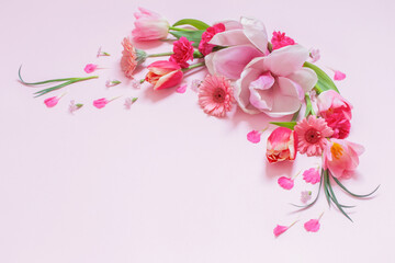 beautiful spring flowers on pink background