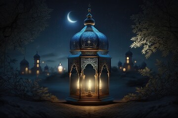 Muslim Holy Month Ramadan Kareem - Ornamental Arabic Lantern With Burning Candle Glowing At Evening,generative ai.