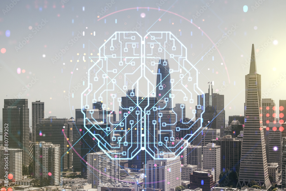 Poster double exposure of creative artificial intelligence interface on san francisco city skyscrapers back