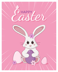 Happy Easter card with cute easter bunny and eggs.