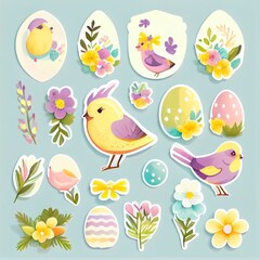 Set of Easter gift stickers, scrapbooking elements in pastel colors labels, badges with cute flowers and birds.
