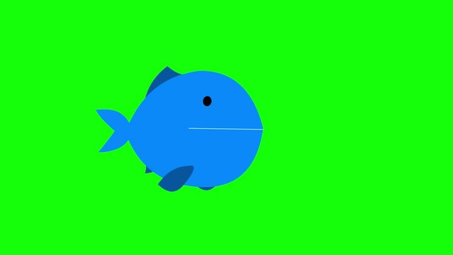 Big fish eating little fish blue version on green background. Cartoon business metaphor. Modern explainer motion graphic version. Large and small. Seamless loop isolated.