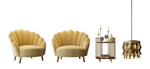 Yellow armchairs with side table and ceiling lamp in art deco classic style