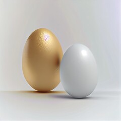 Composition of golden and white Easter eggs, on white background. Holiday background.