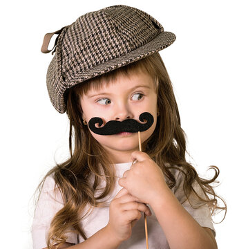 Hipster funny kid. Child girl in hat with mustache