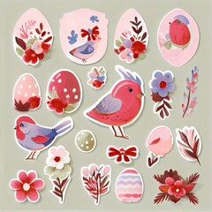Fototapeta premium Set of Easter gift stickers, scrapbooking elements, labels, badges with cute flowers and birds.