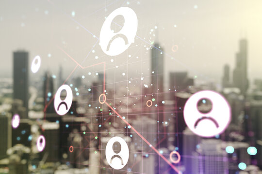 Double exposure of abstract virtual social network icons on blurry cityscape background. Marketing and promotion concept