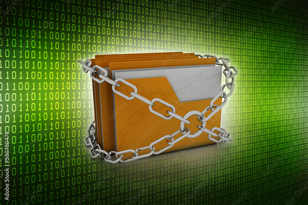 Poster 3d rendering yellow folder and lock. data security concept