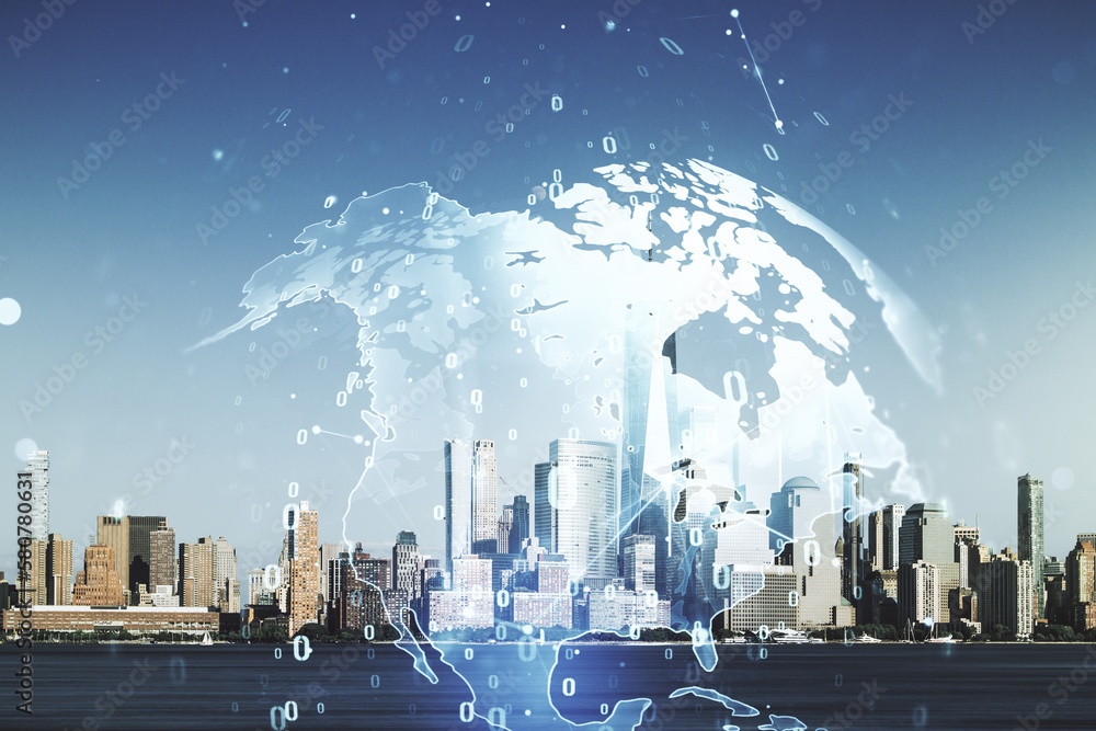 Aufkleber multi exposure of abstract programming language hologram and world map on manhattan office buildings