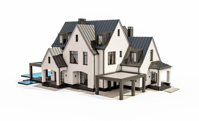 3d rendering of cute cozy white and black modern Tudor style house with parking  and pool for sale or rent with beautiful landscaping. Fairy roofs. Isolated on white