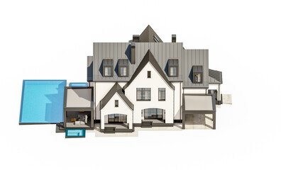 3d rendering of cute cozy white and black modern Tudor style house with parking  and pool for sale or rent with beautiful landscaping. Fairy roofs. Isolated on white
