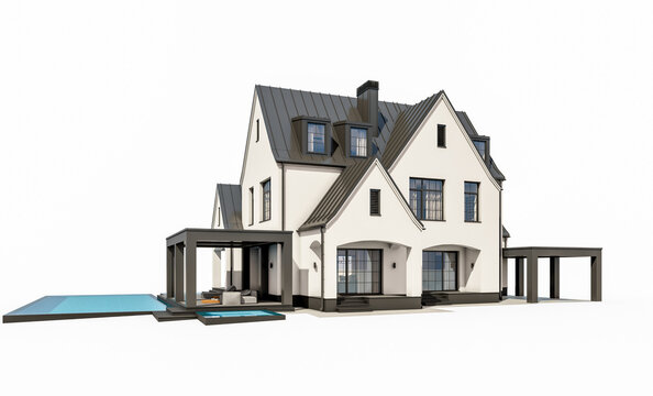 3d rendering of cute cozy white and black modern Tudor style house with parking  and pool for sale or rent with beautiful landscaping. Fairy roofs. Isolated on white