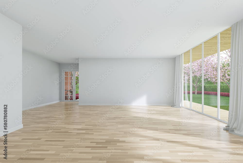 Wall mural Modern style empty white house room interior with blank wall for copy space 3d render,There are wooden floors with large windows overlooking entrance door and nature view.