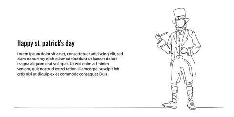 Continuous line art. leprechaun character holding a cigar. Hand-drawn minimalist design for a simple web banner for St. Patrick's Day. Editable stroke.