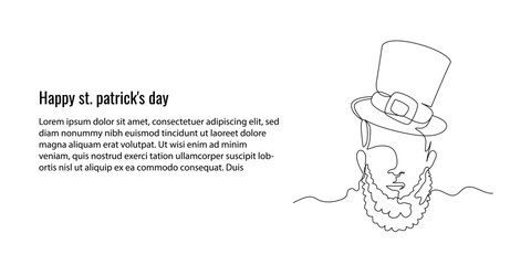 Continuous line art. leprechaun character face for st patrick's day, vector illustration
