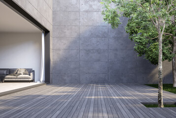 A large empty wooden terrace, loft style, between the living room and the garden 3d render, there are gray plank floor and blank concrete wall for copy space.