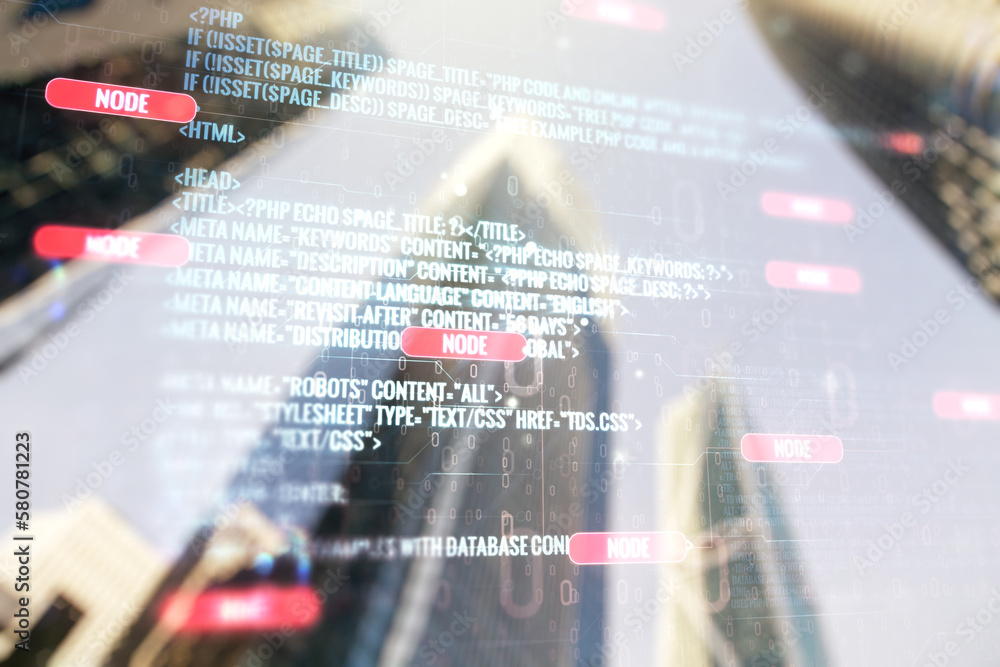 Poster double exposure of abstract programming language interface on modern skyscrapers background, researc