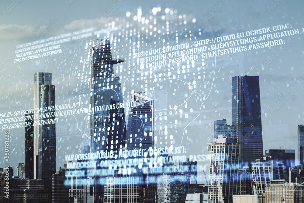 Poster double exposure of abstract virtual creative code skull hologram on new york city skyscrapers backgr