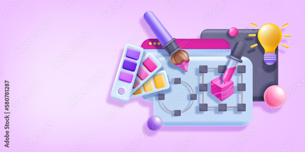 Poster 3d website design banner, vector ui ux page redesign illustration, interface design tools, palette. 