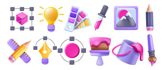 3D design art icon set, vector customise graphic creative badge kit, paint bucket brush, idea bulb. Designer digital tools project sign collection, pencil, pipette, website create process. Design icon © Oleksandra