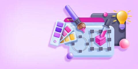 3D website design banner, vector UI UX page redesign illustration, interface design tools, palette. Digital landing page build, creative idea concept, designer software screen. 3D design background