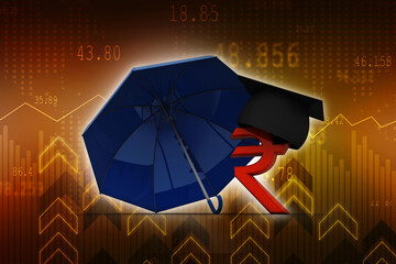 3D illustration Rupee currency sign protection umbrella