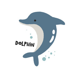 Dolphin. Hand drawn vector cartoon illustration for kids. Amusing Sea Animal