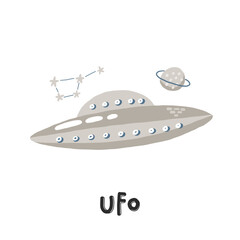 Ufo. Hand drawn illustration in cartoon style. Transport toys. Cute concept for children's print. Illustration for the design postcard, textiles, apparel