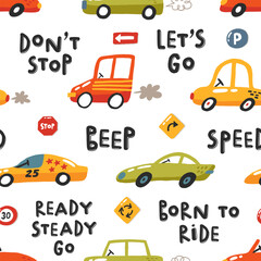 Cartoon seamless pattern with racing cars. Cute childish background. Urban transportation with road signs. Colorful vector print. Kid backdrop for textile, fabric, paper, games, play mat