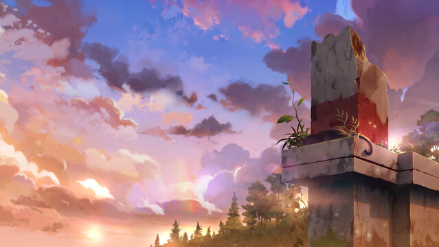 black cat and the sunset, anime background