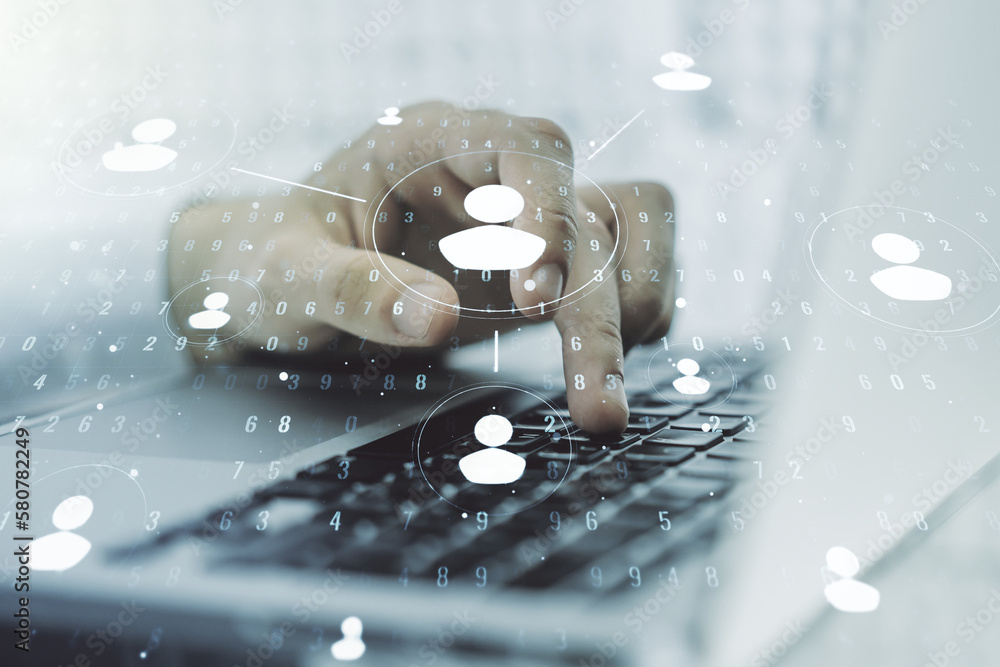 Poster social network media concept with hands typing on computer keyboard on background. double exposure