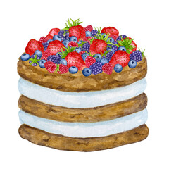Birthday cake decorated with berries. Watercolor holiday clipart for design of postcards, greeting cards, invitations, menus, logos, fabric prints. Wedding, birthday, anniversary design.

