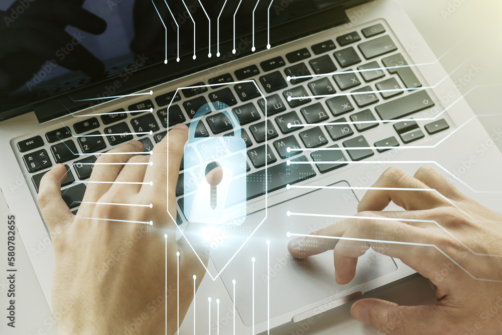 Poster creative idea concept with lock symbol and microcircuit illustration and hands typing on laptop on b