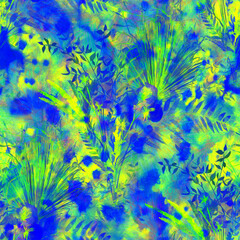 Fototapeta na wymiar Seamless yellow-blue pattern with tropical palm branches and leaves folded into a herbariu