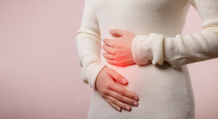 Picture of young woman have menstruation stomach ache pain problem. Abdominal belly disease in...