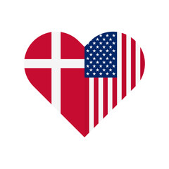 unity concept. heart shape icon of denmark and united states flags. vector illustration isolated on white background