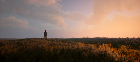 Fototapeta premium Boy with backpack in pasture in countryside under a blue cloudy sky during sunset. Generative AI.