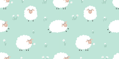 Seamless background with cute sheep and a lawn in the background. Vector repeating pattern on a light green background © Елена Хмельнюк