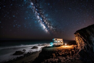 Campervan under the Milky Way on a rocky beach at night - obrazy, fototapety, plakaty