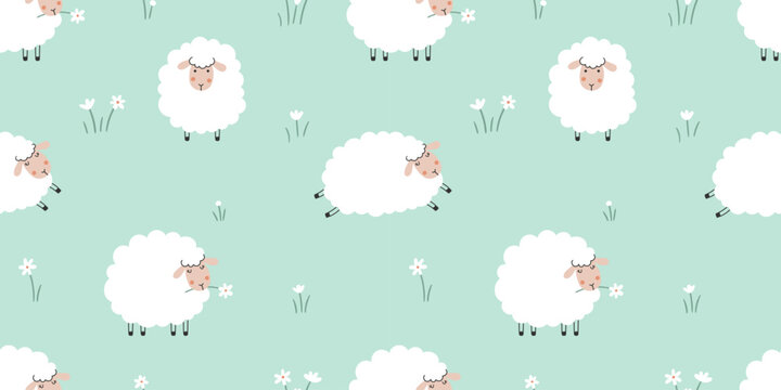 Seamless background with cute sheep and a lawn in the background. Vector repeating pattern on a light green background