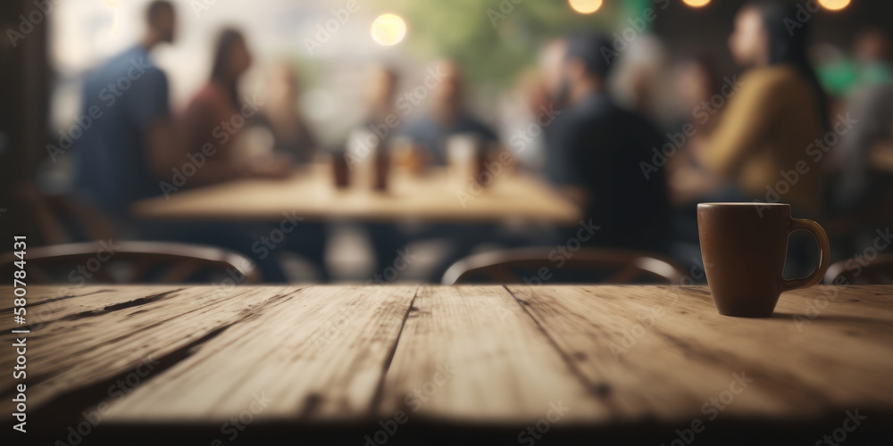 Aufkleber an empty wooden counter table top for product display in a coffee shop or bar. generative ai